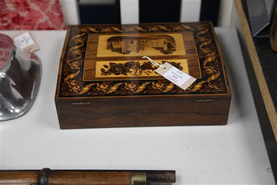A Tunbridge ware rosewood Battle Abbey mosaic writing slope, 12in.